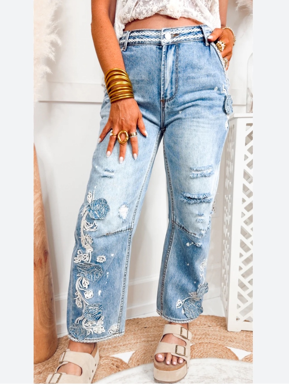 Oli and Hali Embroidered Distressed Jeans